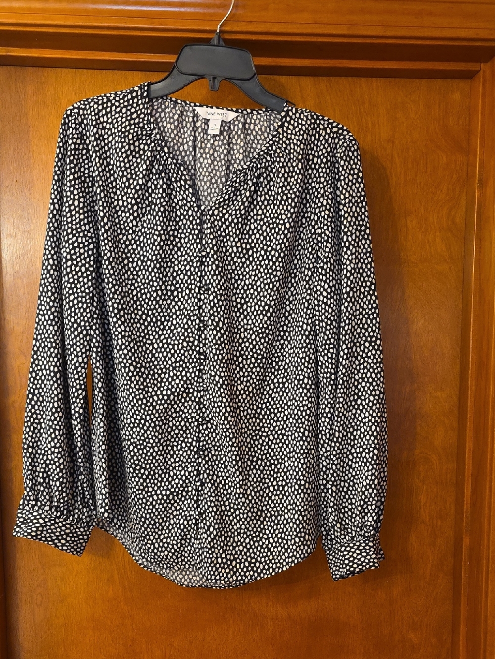 Nine West Black & White Dot Print V-Neck Blouse